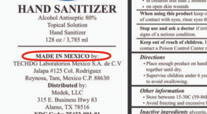 Made In Mexico hand sanitizer label