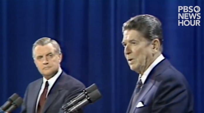 The 1984 presidential election cycle featured incumbent President Ronald Reagan, a Republican, and former Vice President Walter Mondale, the Democratic nominee. The first debate was a 90-minute discussion, focusing on the economy and domestic policy. Moderated by Barbara Walters of ABC, with questions posed by a panel of journalists, it took place on October 7, 1984, in Louisville, Kentucky.