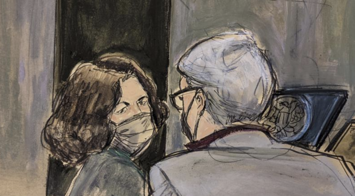 Courtroom sketch shows Ghislaine Maxwell, left, conferring with her defense attorney Bobbi Sternheim
