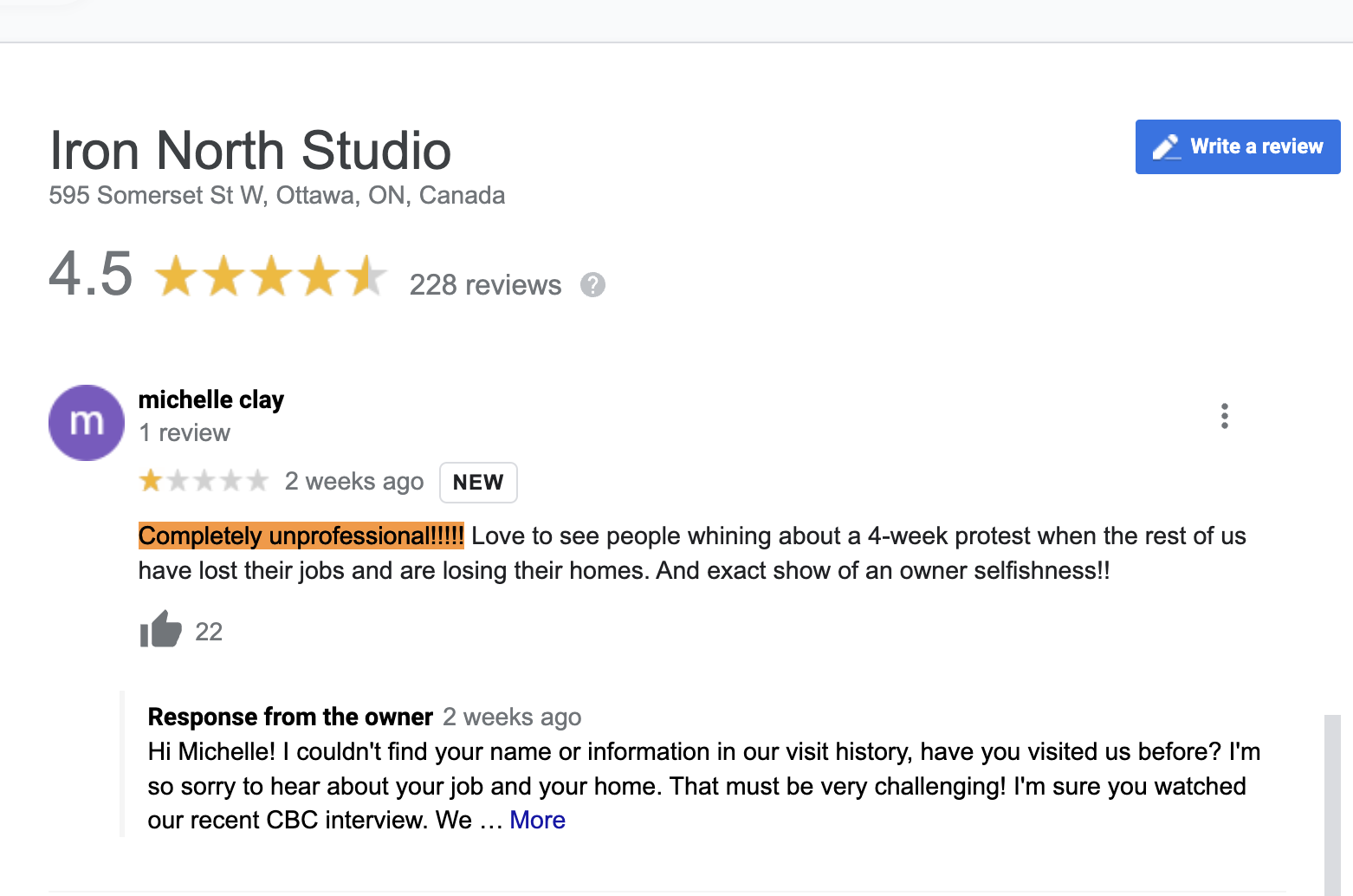 One-star Google review for Iron North Studio