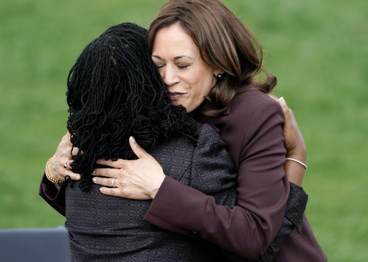 Vice President Kamala Harris hugs Judge Ketanji Brown Jackson after Jackson spoke at an event on the South Lawn of the White House in Washington, Friday, April 8, 2022, celebrating the confirmation of Jackson as the first Black woman to reach the Supreme Court. (AP Photo/Andrew Harnik)
