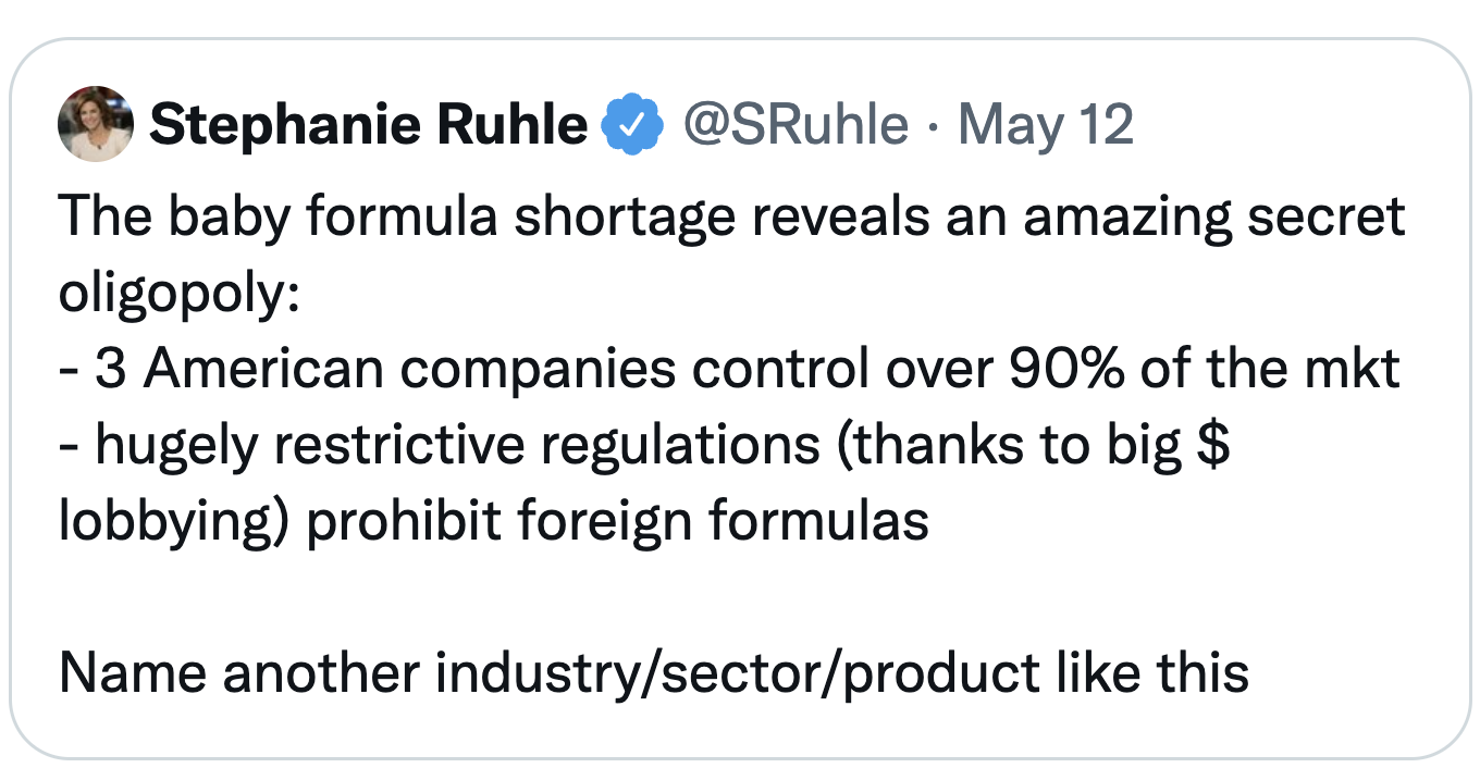 Screenshot of a Tweet about US infant formula manufactures. Three suppliers control 90 percent of the market, and imports are effectively banned.
