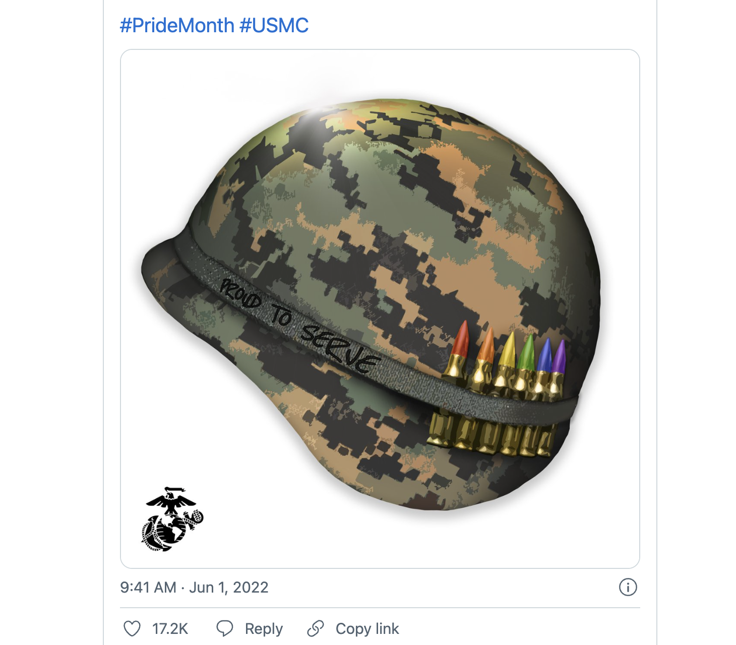 US Marine Corp image of battle helmet adorned with rainbow-hued bullets