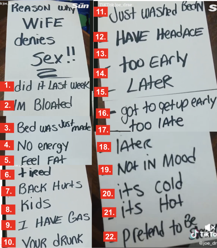 Man Shares Epic List Of Wifes Excuses For Not Having Sex With Him