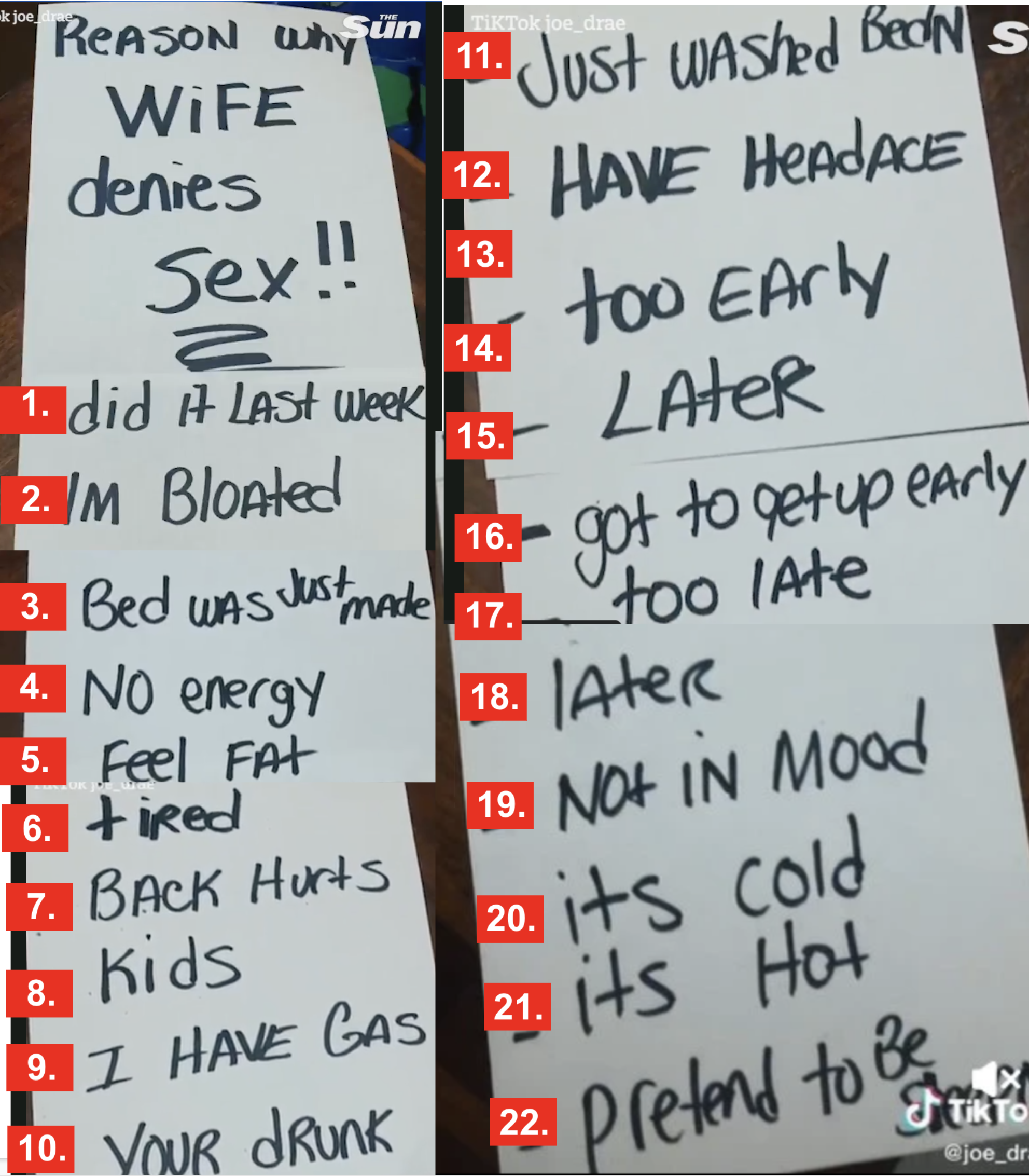 Man's list of wife's reasons for not having sex