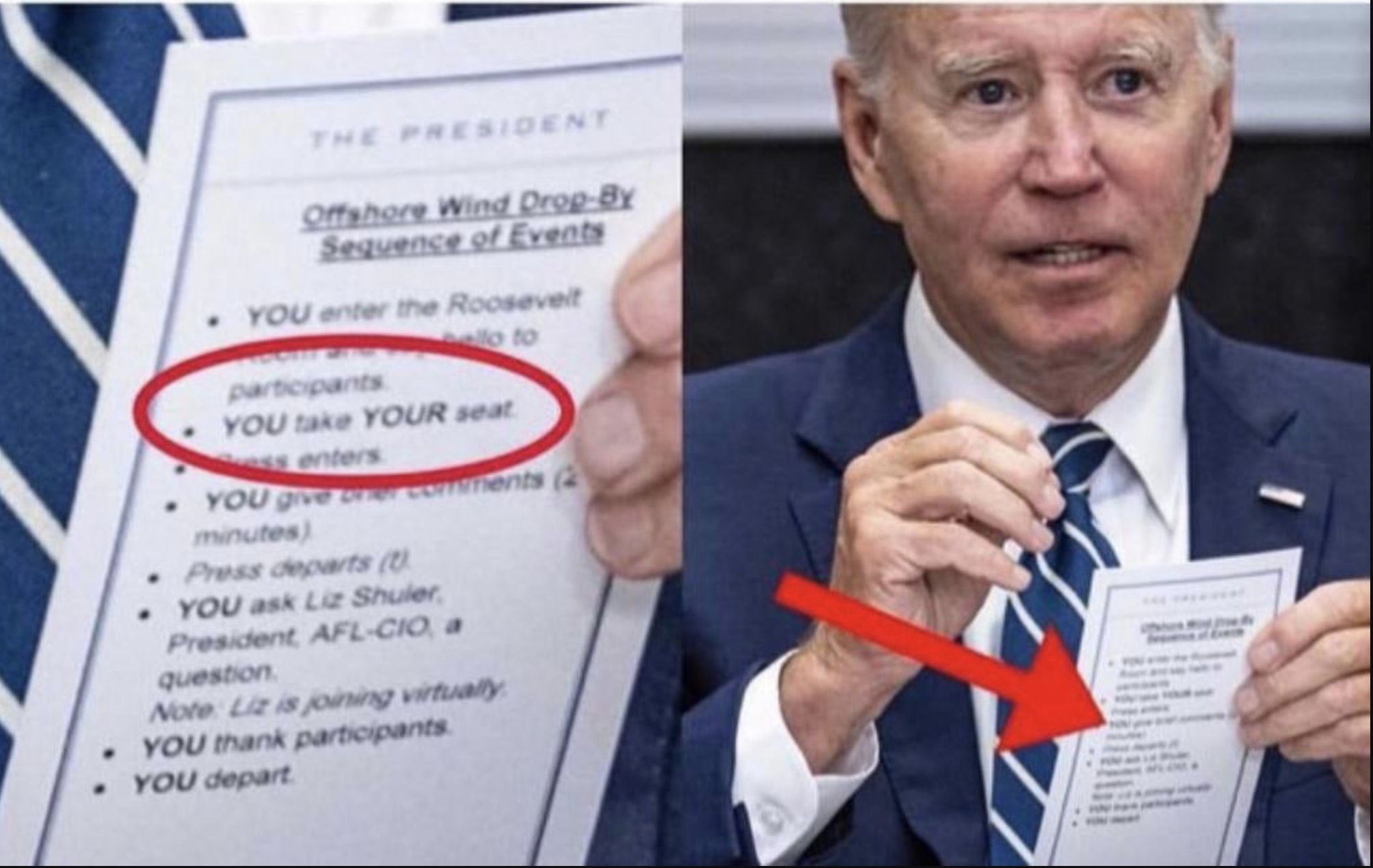 A close-up of the cue card held by Biden at a meeting with wind-energy leaders in the White House on June 23. Image cropped by Insider.