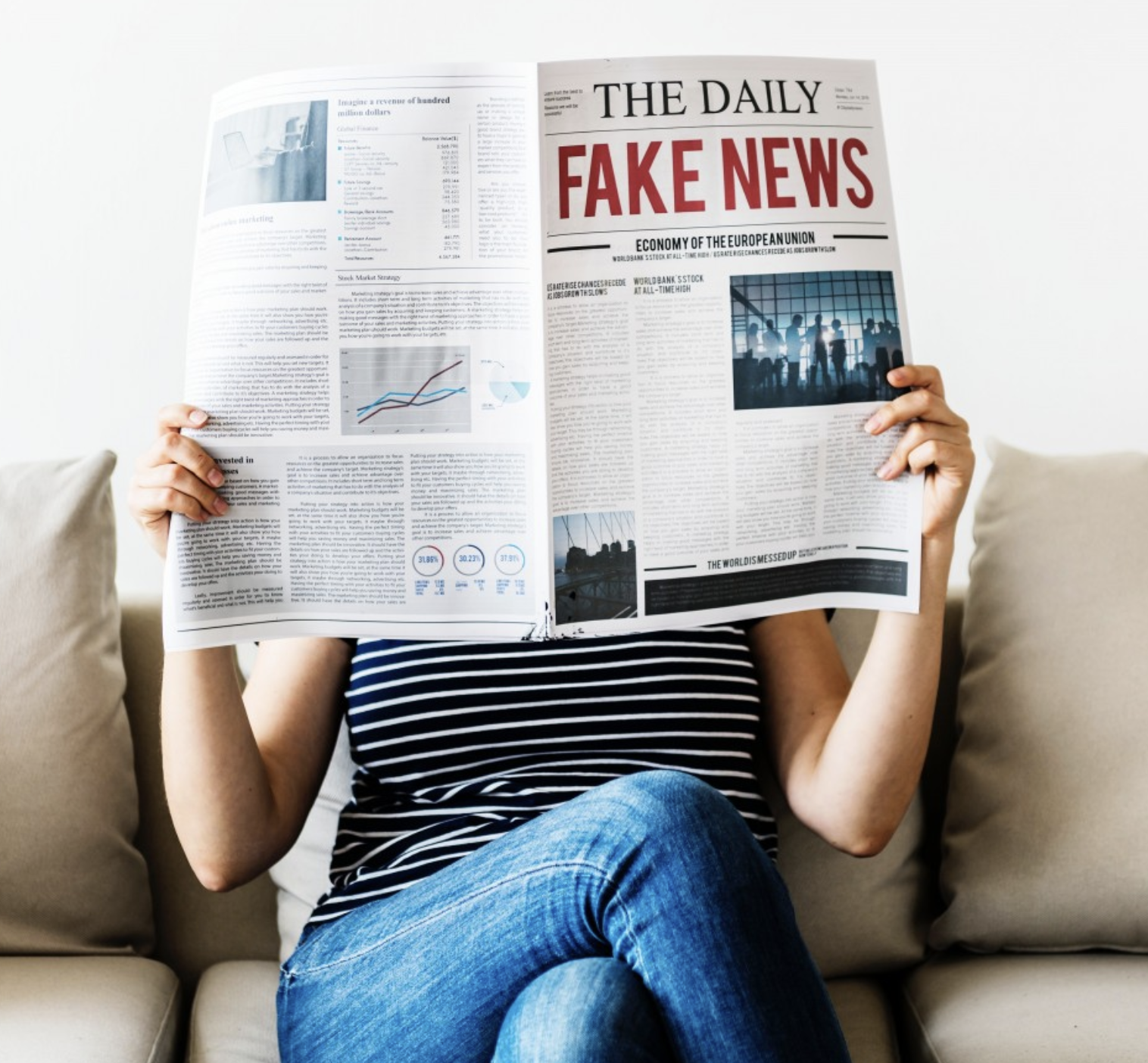 Woman reading 'fake news'