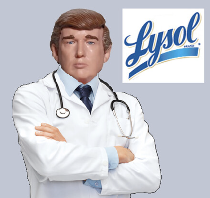 Caricature of Donald Trump with Lysol logo