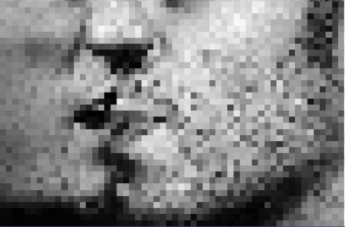 A pixelized image of two men kissing on the lips.