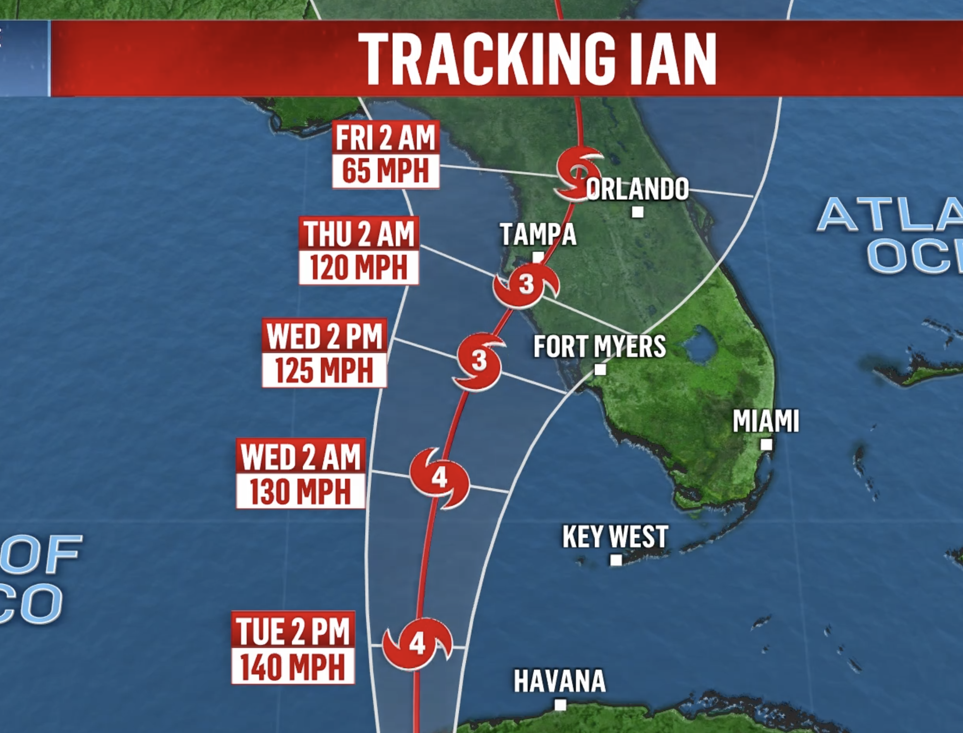 Map showing projected path of Hurricane Ian over Gulf of Mexico