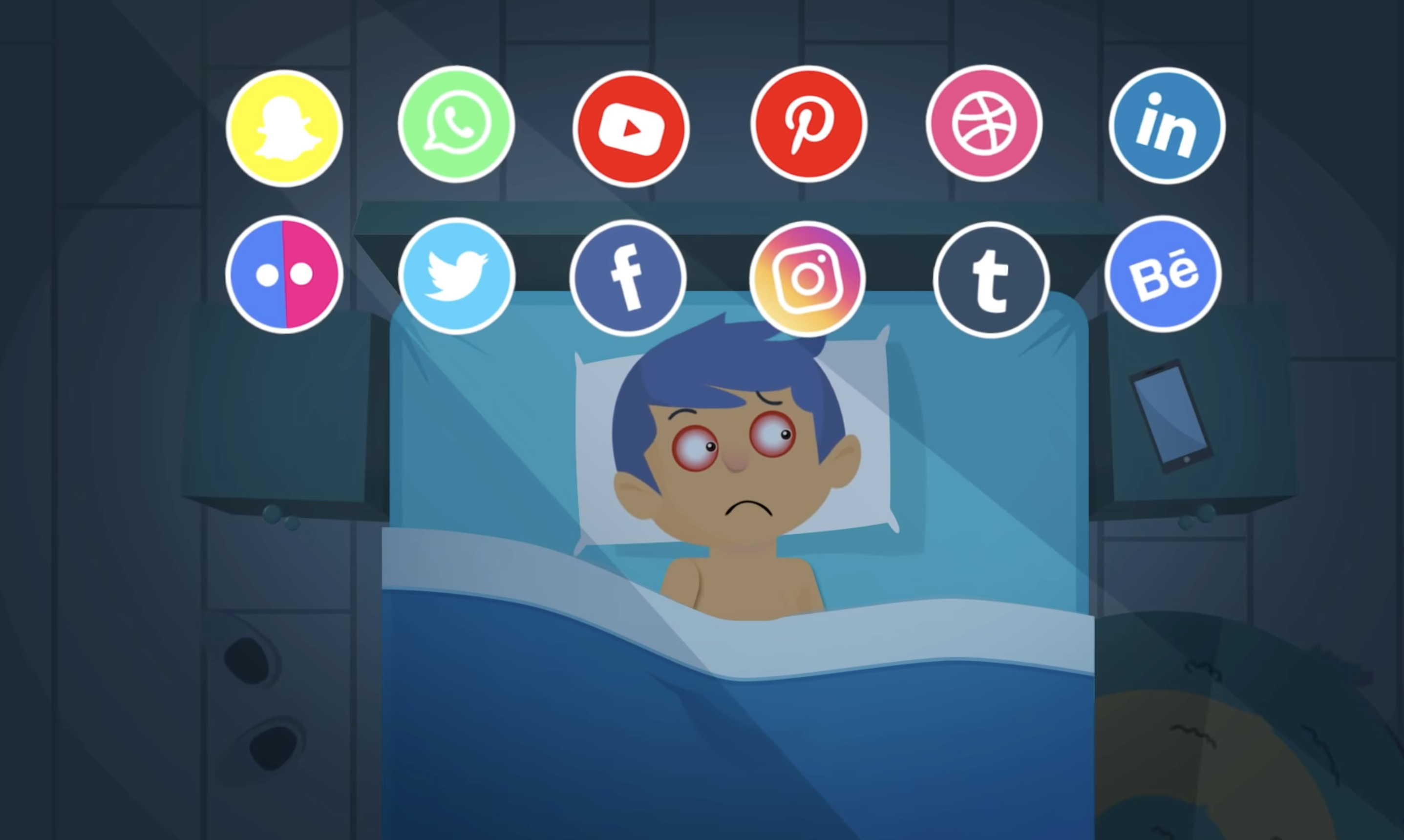 Illustration of a man thinking about social media while trying to sleep