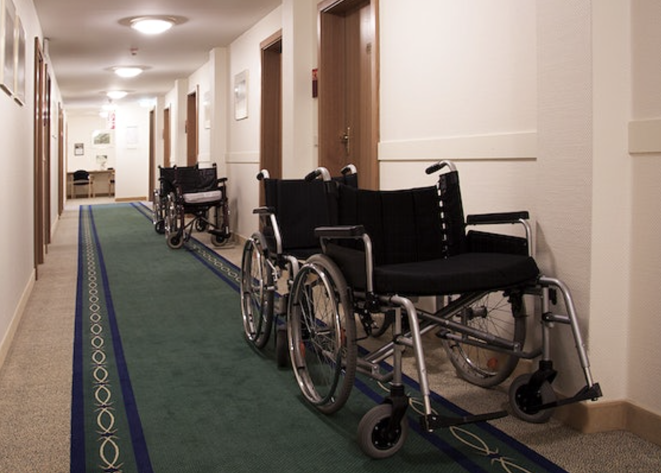 Wheel chairs in the hall of a healthcare facility