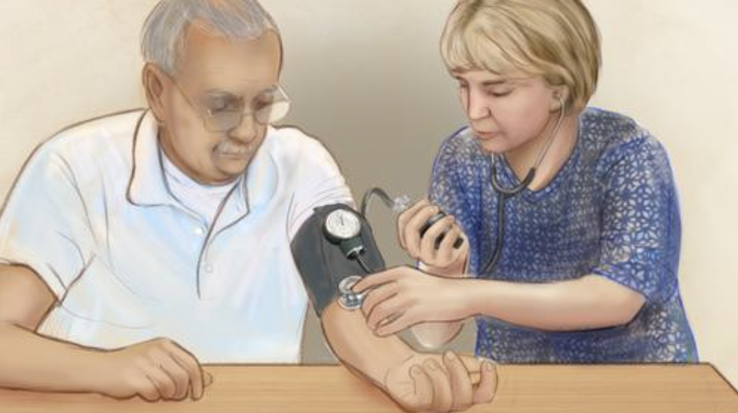 Illustration of a woman taking a man's blood pressure
