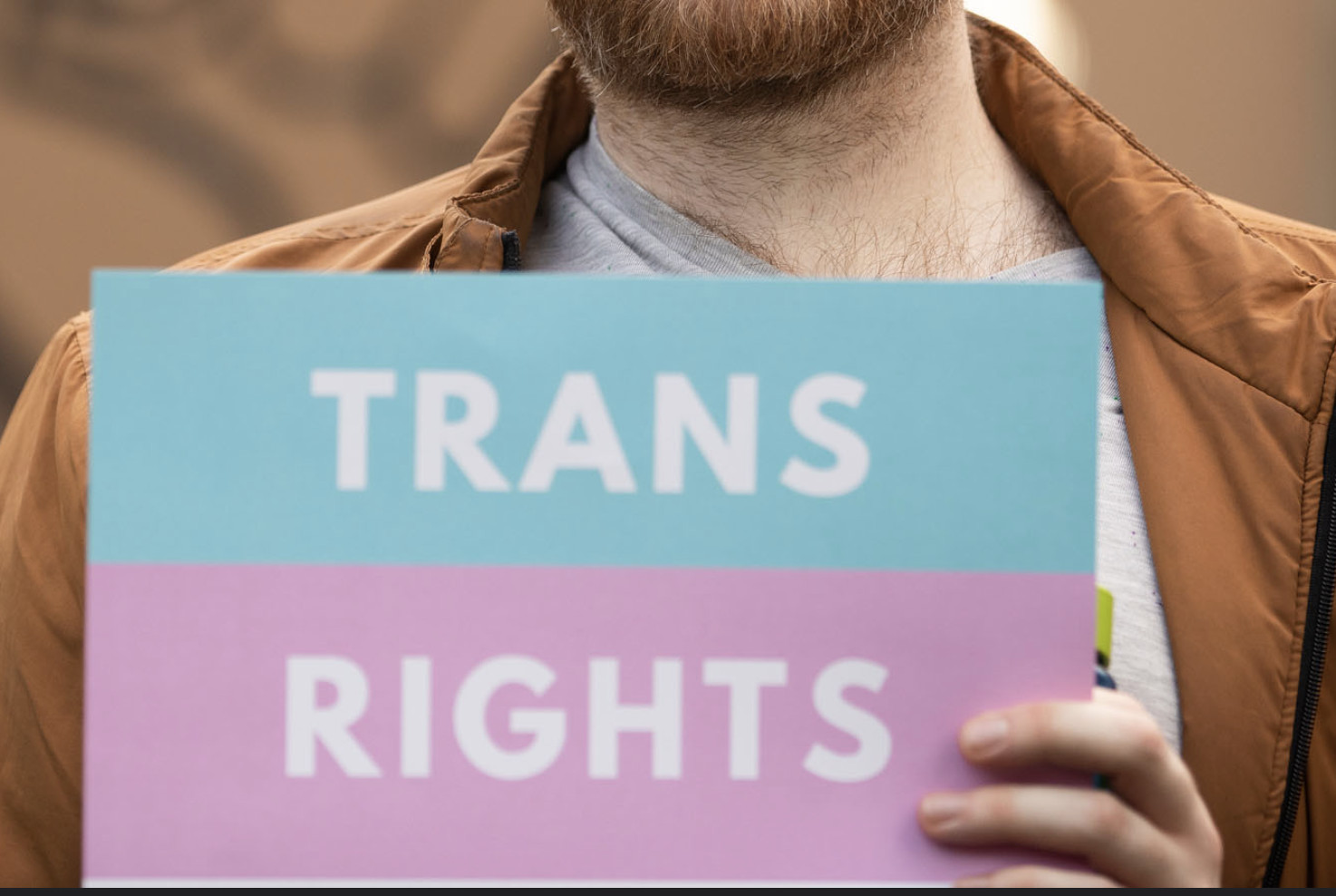 Bearded person holding TRANS RIGHTS sign