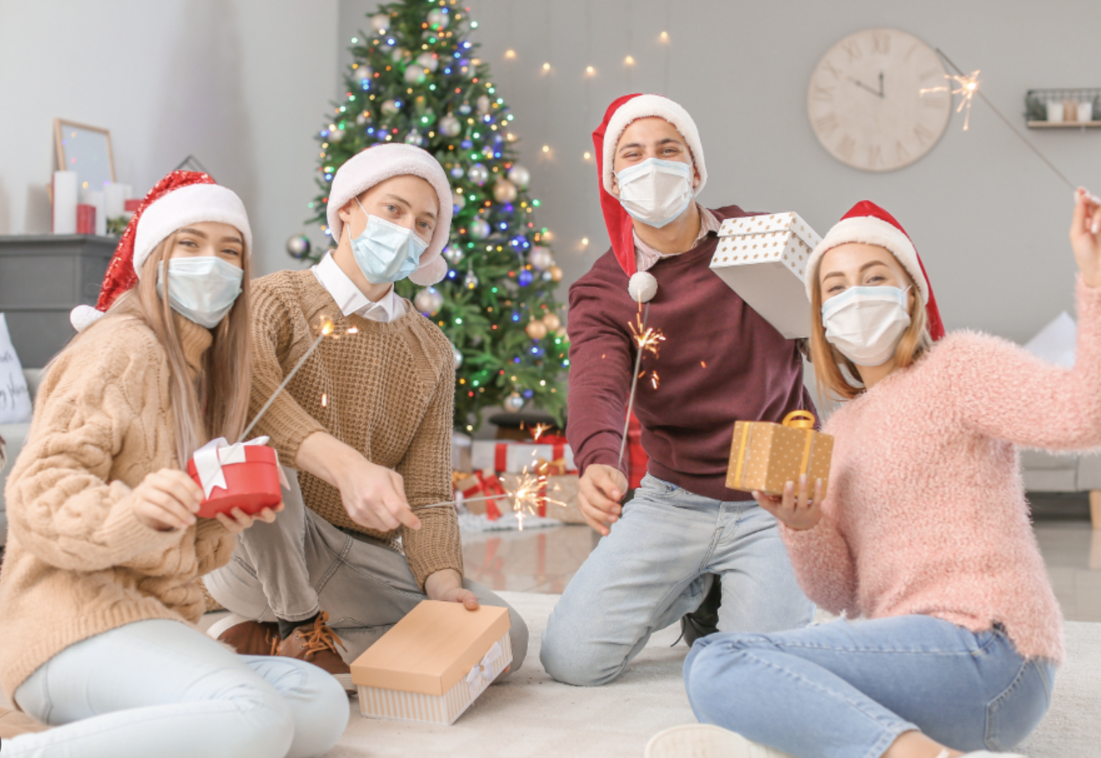 Goverment-compliant subjects wearing masks while exchanging gifts