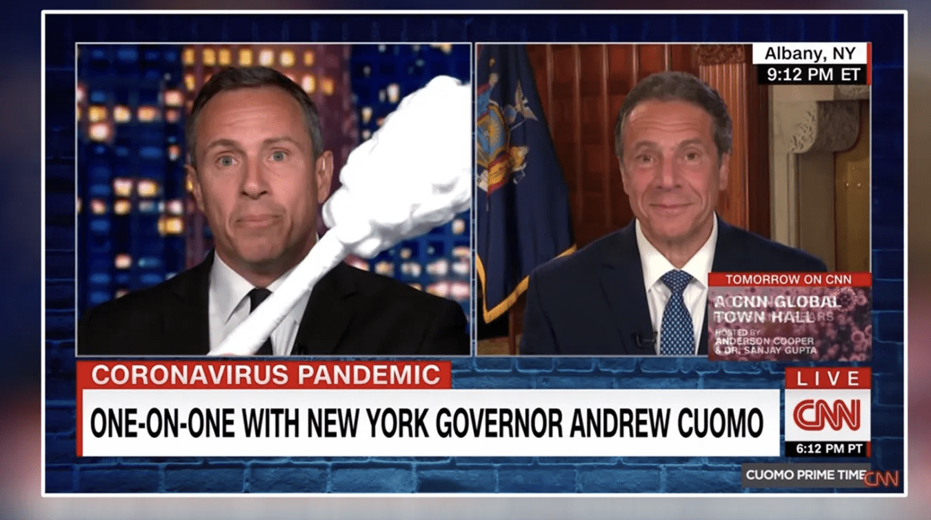 Former New York Gov. Andrew Cuomo (right) and former CNN anchor Chris Cuomo famously goofed off on the air in 2020 at the outset of the COVID pandemic. (CNN)
