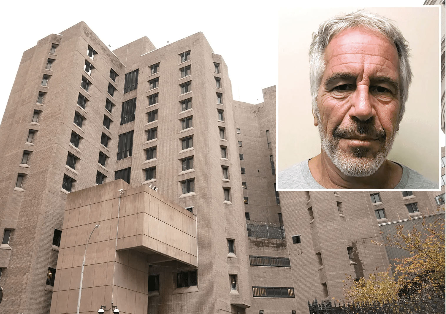 Jeffrey Epstein mugshot with image of NYC's Metropolitan Correctional Center