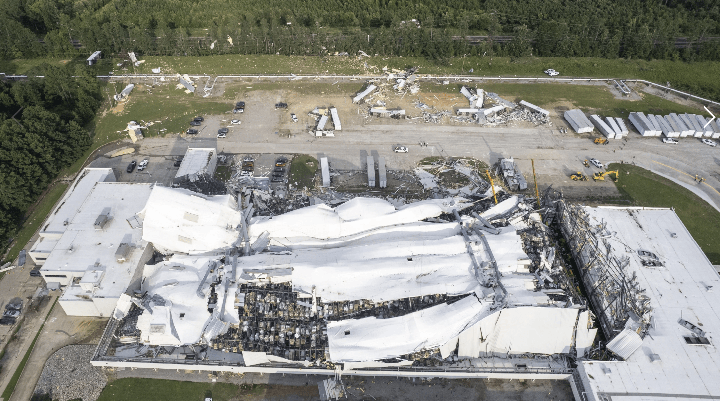Debris is scattered around the Pfizer facility on Wednesday, July 19, 2023, in Rocky Mount, N.C., after damage from severe weather. (Travis Long/The News & Observer via AP)
