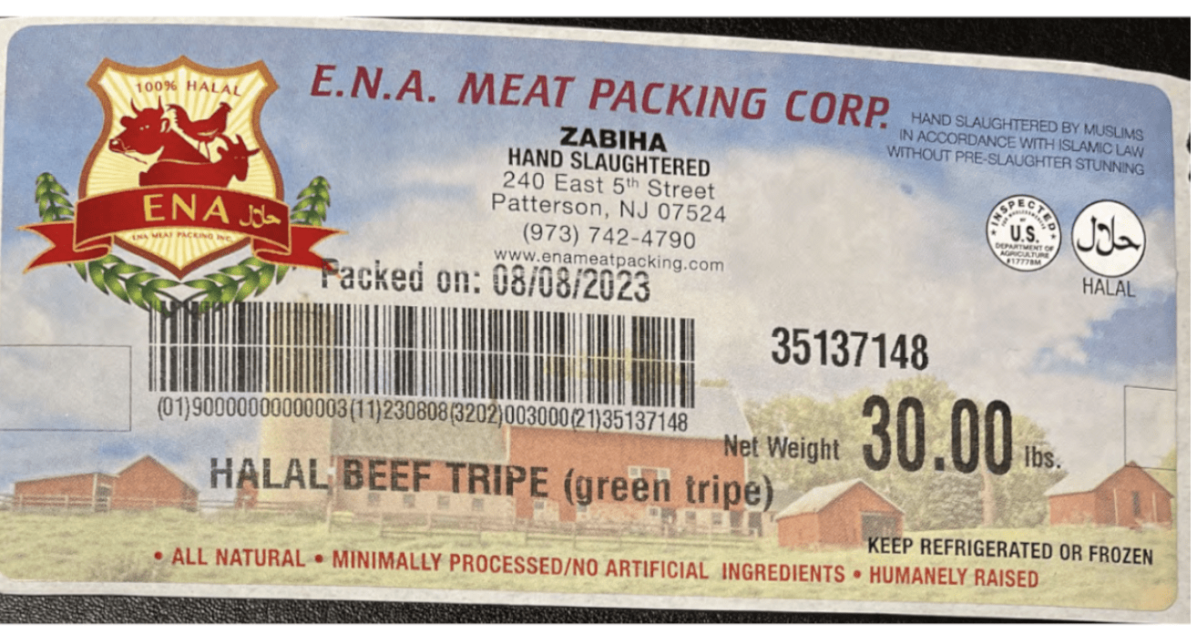 E.N.A. Meat Packing Inc. of Paterson, NJ meat package label