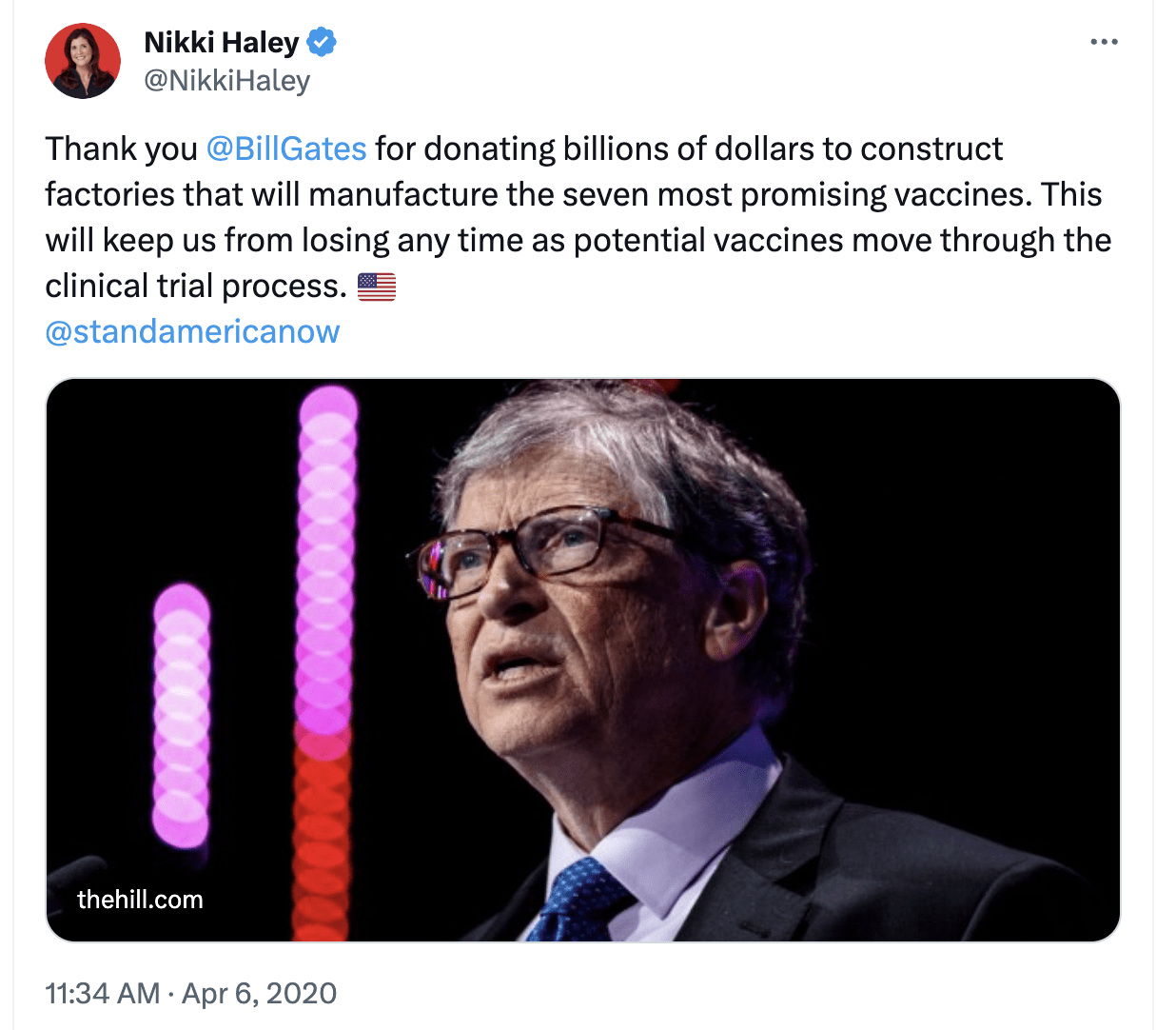 Nikki Haley's tweet praising Bill Gates