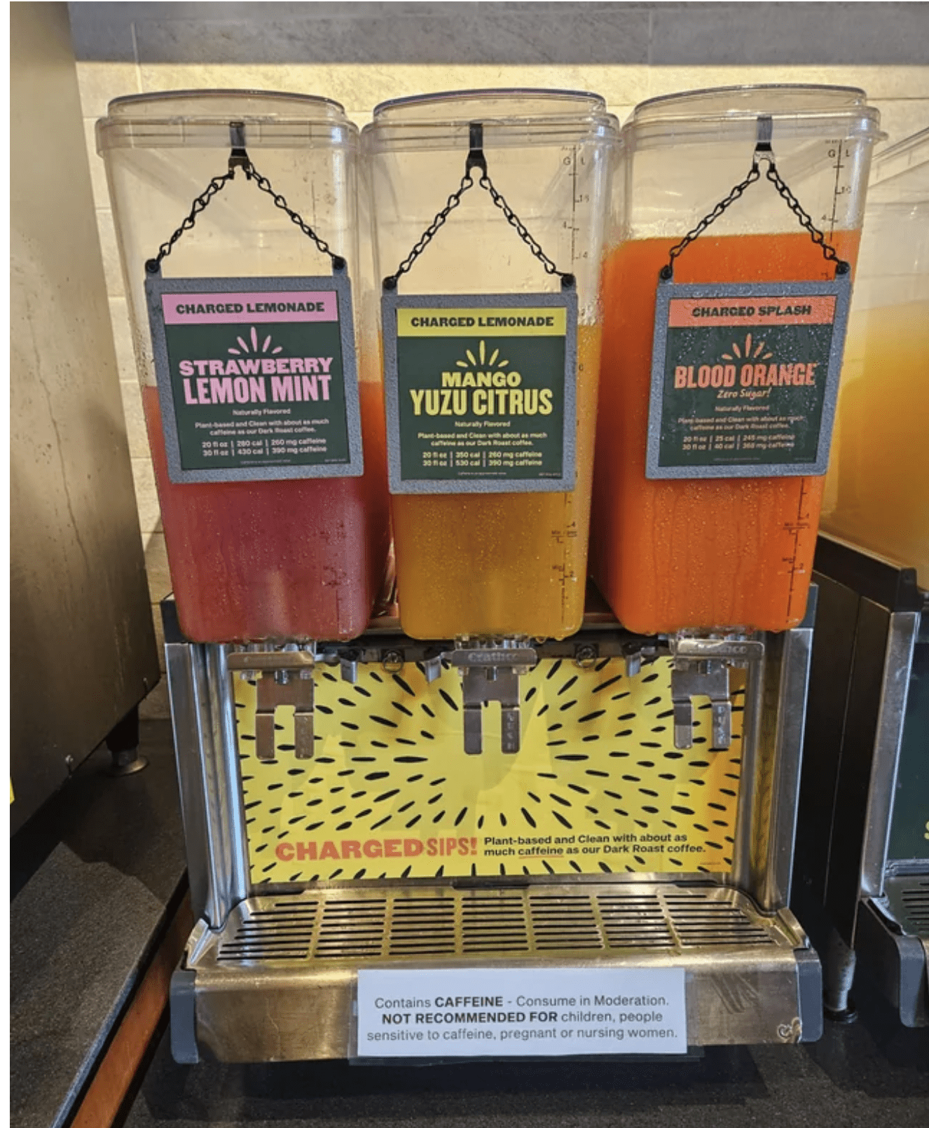 Dispensers for Charged Lemondade, a caffeinated lemonade drink, at Panera Bread