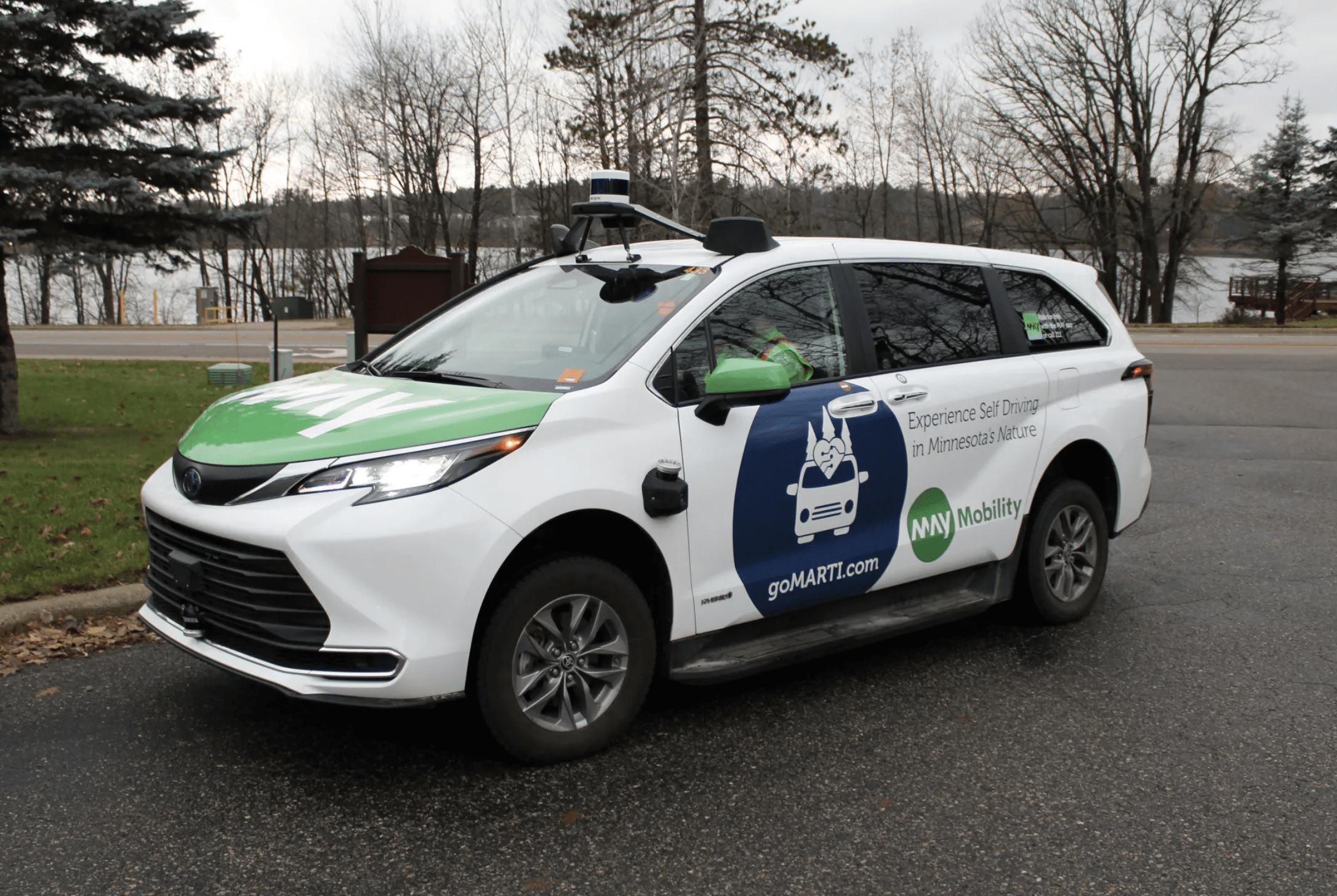 One of the five self-driving vans now serving the northern Minnesota community of Grand Rapids. The vans are part of a program called “goMARTI,” which stands for Minnesota’s Autonomous Rural Transit Initiative. (TONY LEYS/KFF HEALTH NEWS)