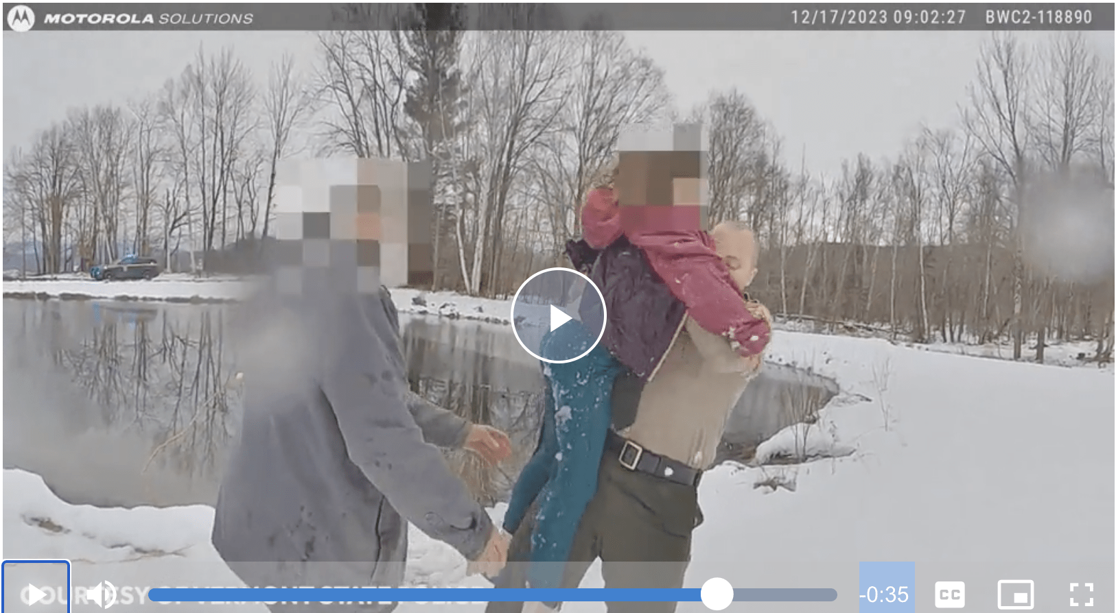 An incredible live-saving rescue was caught on police body cam video after a Vermont State Trooper dove into an icy pond to save a young girl.