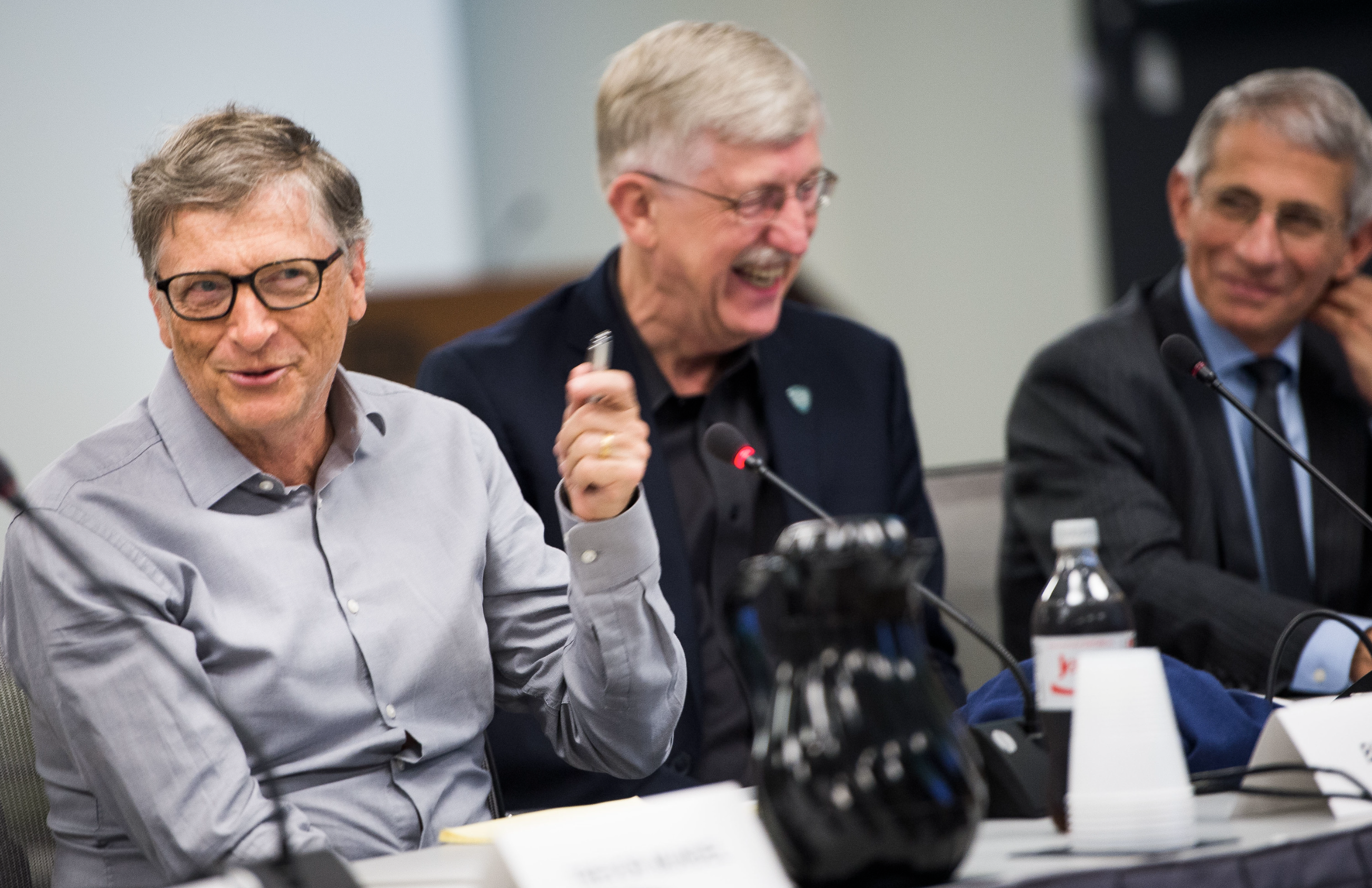 National Institutes of Health Director Dr. Francis Collins and National Institute of Allergy and Infectious Diseases Director Dr. Anthony Fauci meet with Bill Gates of the Bill and Melinda Gates Foundation to discuss research opportunities in global health
