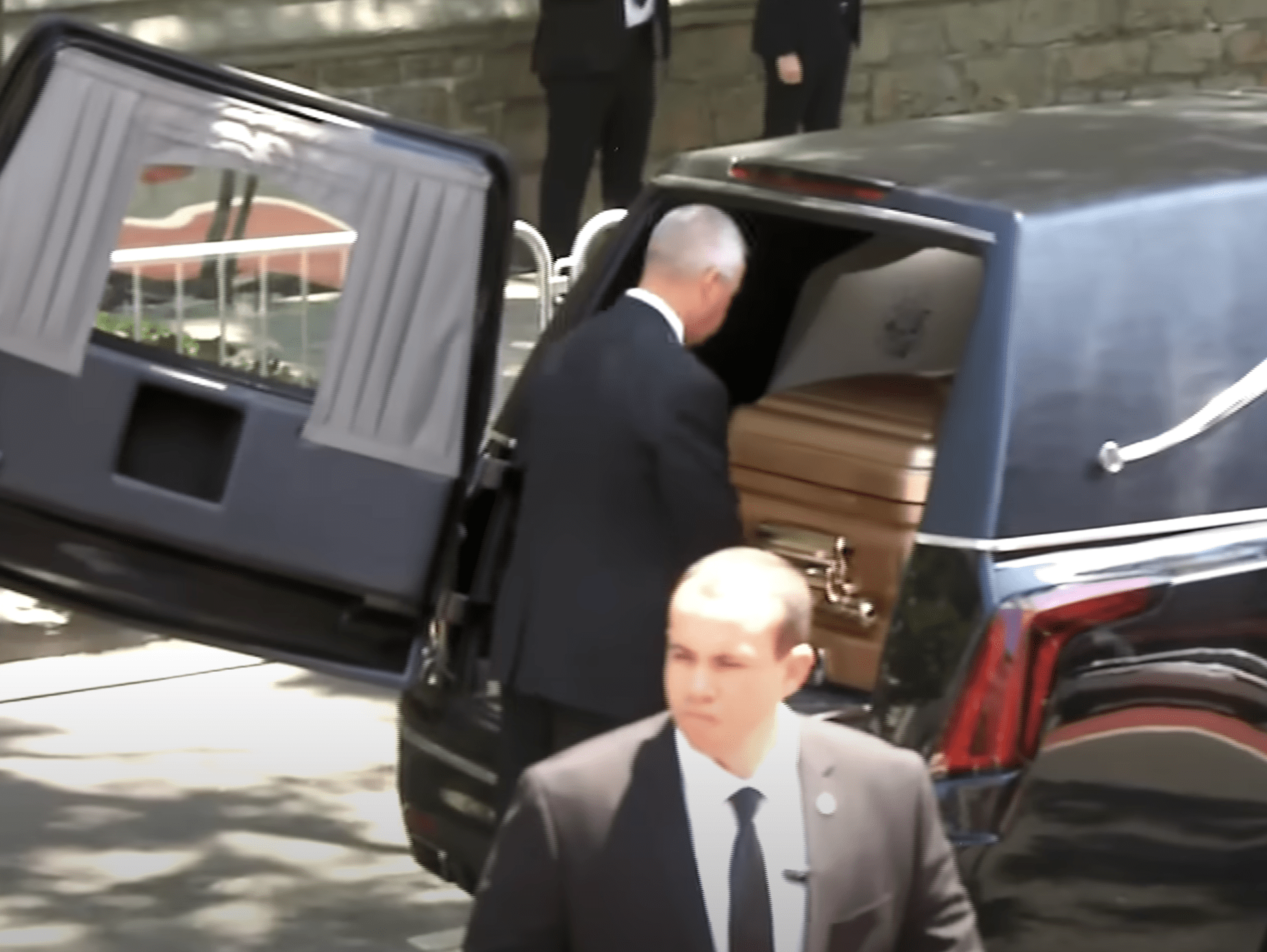A hearse is seen at the funeral of Melania Trump's mother