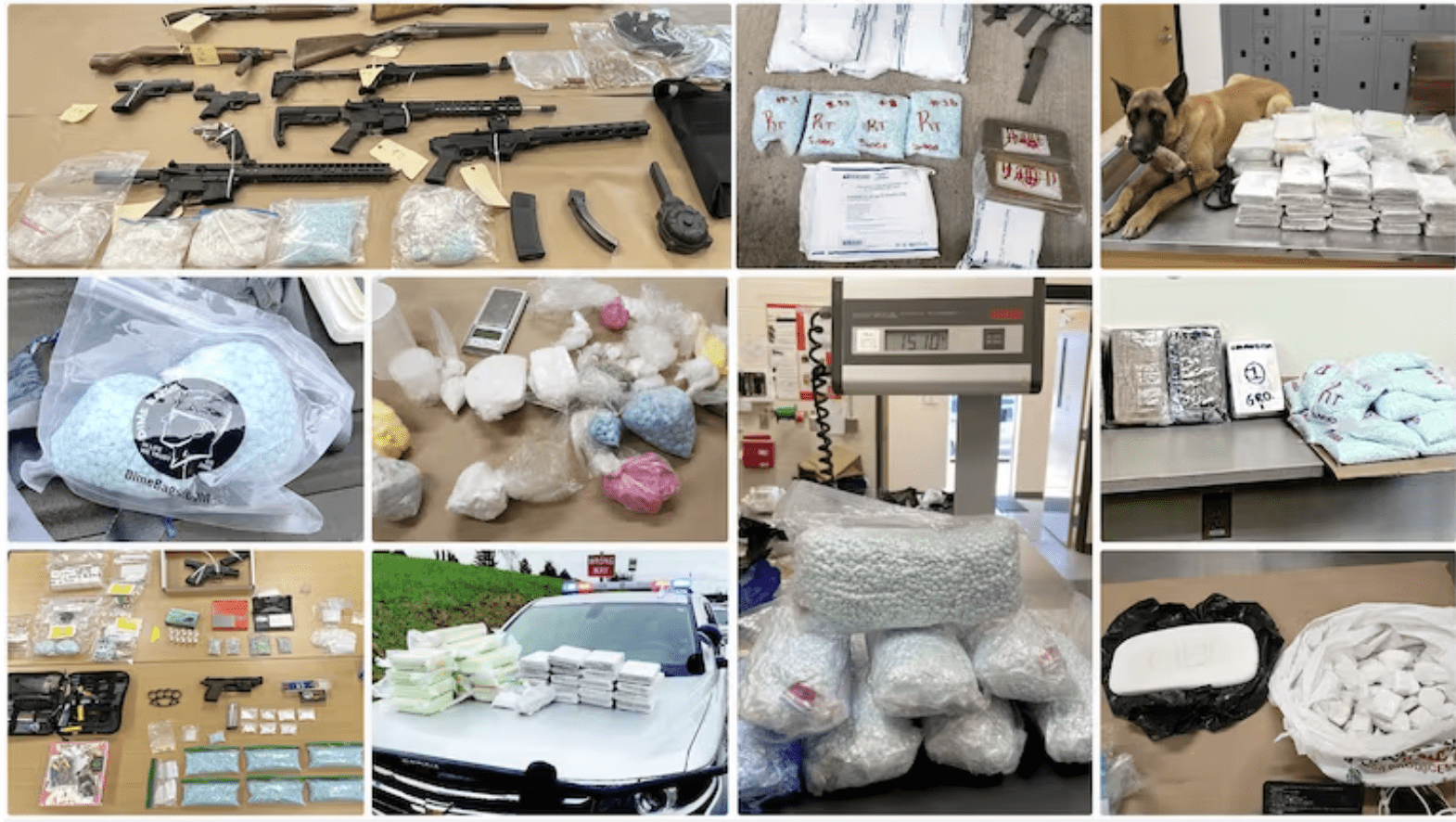 Some of the drugs, guns and cash confiscated by law enforcement in Oregon and Western Washington in a single month, April 2023. Drugs, especially fentanyl, are coming into the state in unprecedented quantities. Photos provided from Vancouver Police Department, U.S. Department of Justice, Deschutes County Sheriff's Office and Oregon State Police. Kristyna Wentz-Graff / OPB
